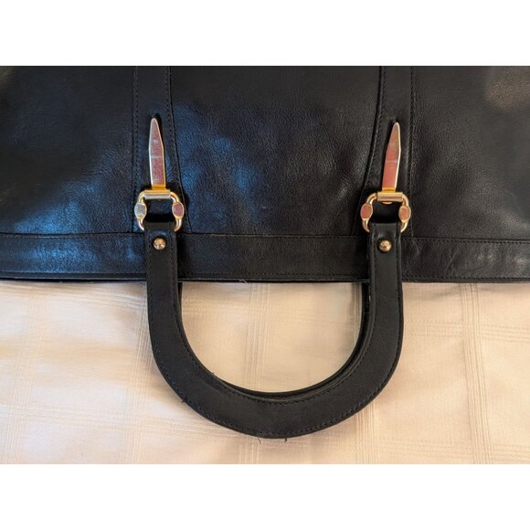 Vintage Black Leather Handbag W/ Gold Accents Womens Classic Career Tote Bag - Picture 5 of 16